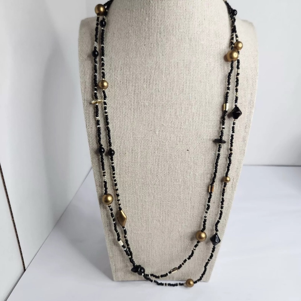 Vintage Black Gold Layered Beaded Necklace 26” Elegant Statement Jewelry